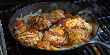 Cast Iron Brown Sugar Bourbon Chicken Thighs with Peaches