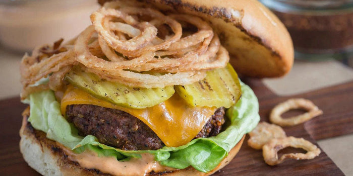 Cowboy Burger with Grilled Pickles & Crispy Onion Straws