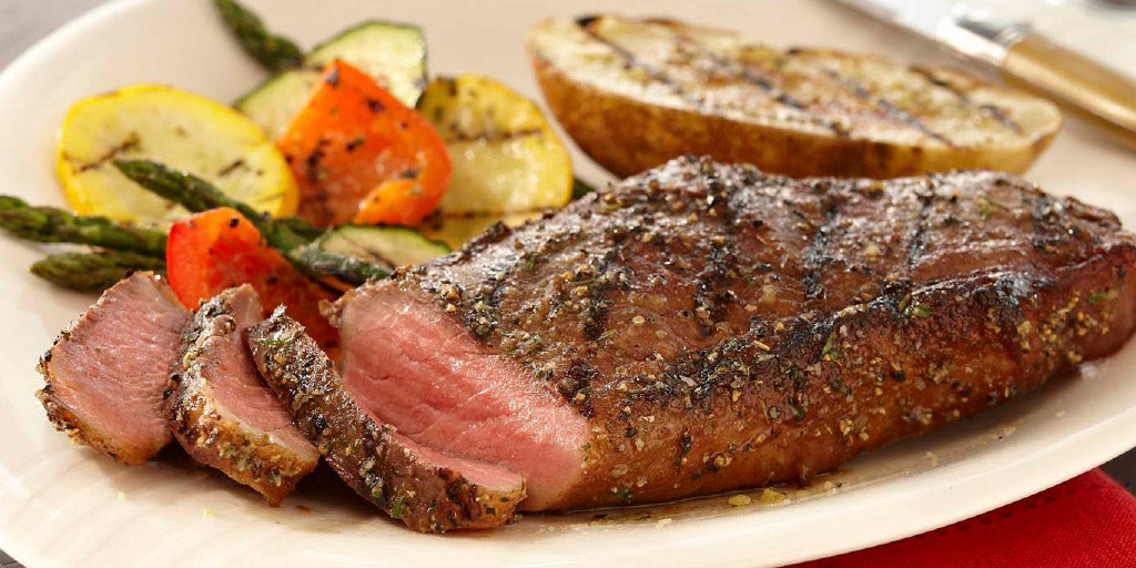 Roasted Garlic & Cracked Pepper Steak with Grilled Potatoes and Vegetables