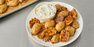 Spicy Parmesan Potatoes with Sour Cream & Chive Dip