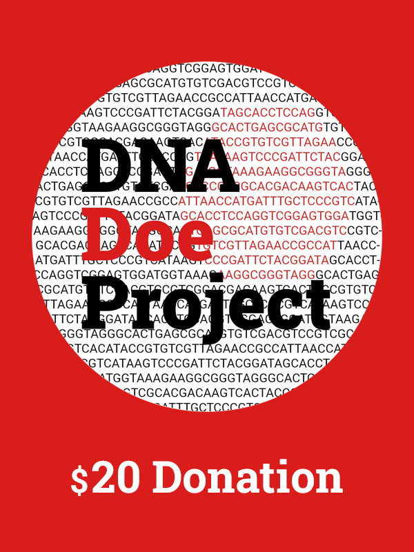 Red background with 'DNA Doe Project' text and genetic code, asking for a $20 donation.