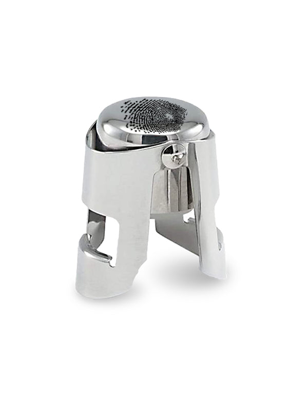 A polished stainless steel Champagne stopper with a fingerprint design on a circular top, shown on a clean white background.
