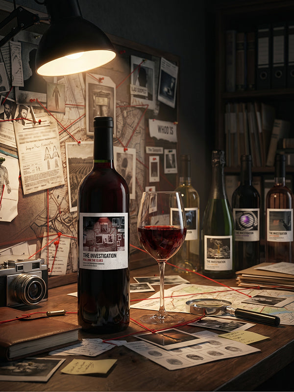 Wine bottle labeled 'The Investigation' on a desk with a glass of red wine, surrounded by books and papers.