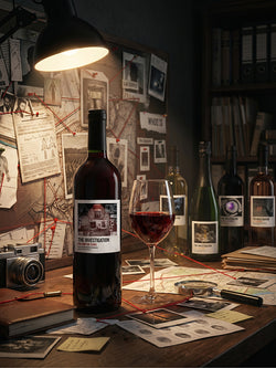 Wine bottle labeled 'The Investigation' on a desk with a glass of red wine, surrounded by books and papers.