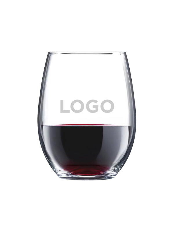 A clear stemless wine glass partially filled with red wine, centered on a white background, with the word 'LOGO' printed on the front as a placeholder.