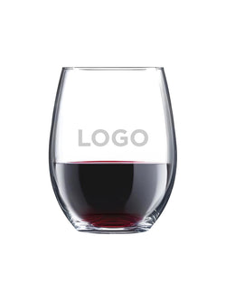 A clear stemless wine glass partially filled with red wine, centered on a white background, with the word 'LOGO' printed on the front as a placeholder.
