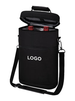 A black insulated wine carrier bag with an open top, shown on a plain white background. The bag has a front pocket with the word 'LOGO' printed in white, and two red-capped bottles partially visible inside.