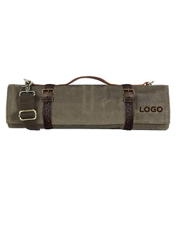A canvas tool roll with dark brown leather straps and buckles, featuring a top handle and the word 'LOGO' printed on the side, shown against a plain white background.