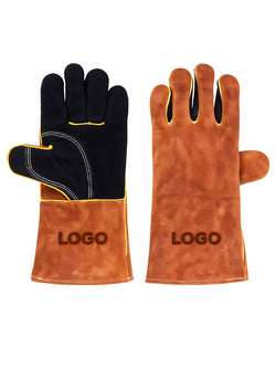 A pair of protective leather gloves shown front and back on a plain white background. The left glove shows the black back with yellow piping and white contrast stitching, while the right glove shows the brown leather palm with yellow piping and a matching brown cuff printed with 'LOGO'.