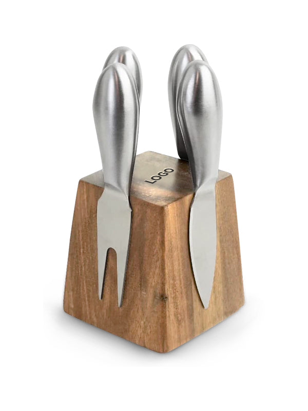 A set of four stainless steel kitchen utensils with elongated oval handles, displayed in a square wooden block stand on a white background.
