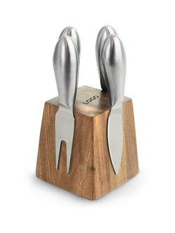 A set of four stainless steel kitchen utensils with elongated oval handles, displayed in a square wooden block stand on a white background.