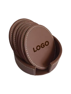 A stack of brown faux-leather coasters with white contrast stitching, featuring a circular top coaster printed with the word 'LOGO' in dark brown. The stack is set against a plain white background.