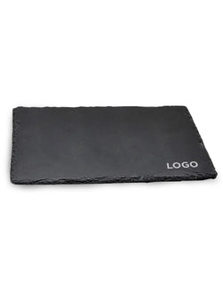Slate charcuterie board with "LOGO" in the bottom right corner, on a white background