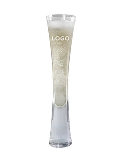 A tall, slender clear glass with a flared base, shown on a plain white background. The glass is filled with a pale golden bubbly liquid and has the word 'LOGO' printed near the top.