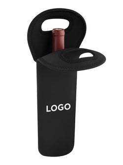 A black neoprene wine bottle carrier sleeve with a handle and a small front loop, shown holding a wine bottle. The sleeve has the word 'LOGO' printed in white on the front, indicating a customizable or placeholder branding area.