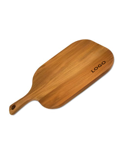 A wooden paddle-style serving board with a handle and a hanging hole, shown on a plain white background. The board has a warm medium-brown wood grain and the word 'LOGO' is printed on the upper right side.
