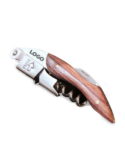 A corkscrew with a polished reddish-brown wooden handle and a silver metal body, featuring a corkscrew worm and a lever tool on the side. The lever is engraved with the text 'LOGO' and 'PUSH'.