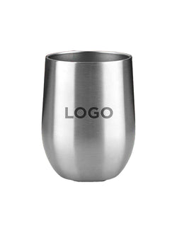 A brushed stainless steel stemless wine tumbler with the word 'LOGO' printed on the front, shown against a plain white background.