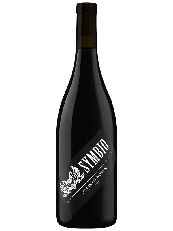 Black wine bottle with 'Symbio' label on a white background