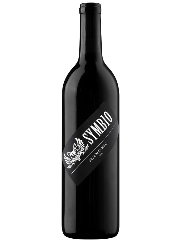 Black wine bottle with 'Symbio' label on a white background