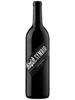 Black wine bottle with 'Symbio' label on a white background