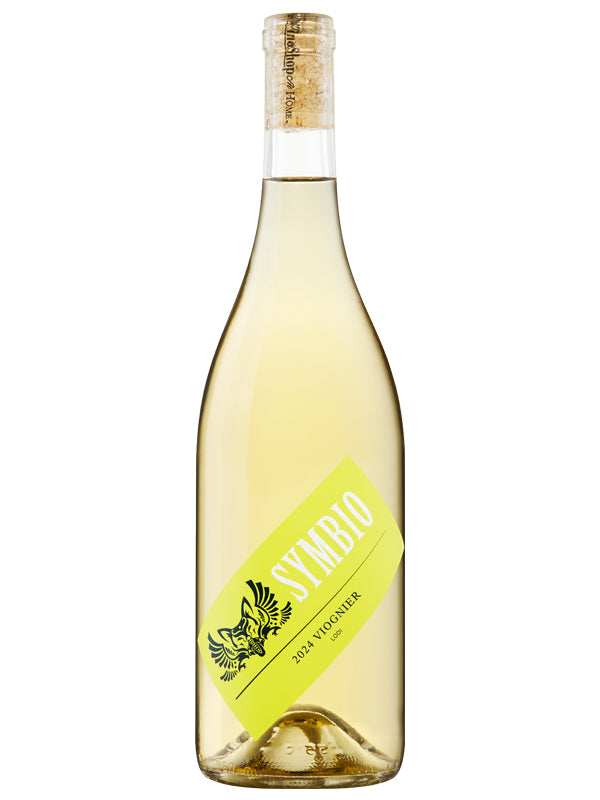 Bottle of white wine with a yellow label on a white background