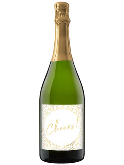 Bottle of champagne with a 'Cheers!' label on a white background