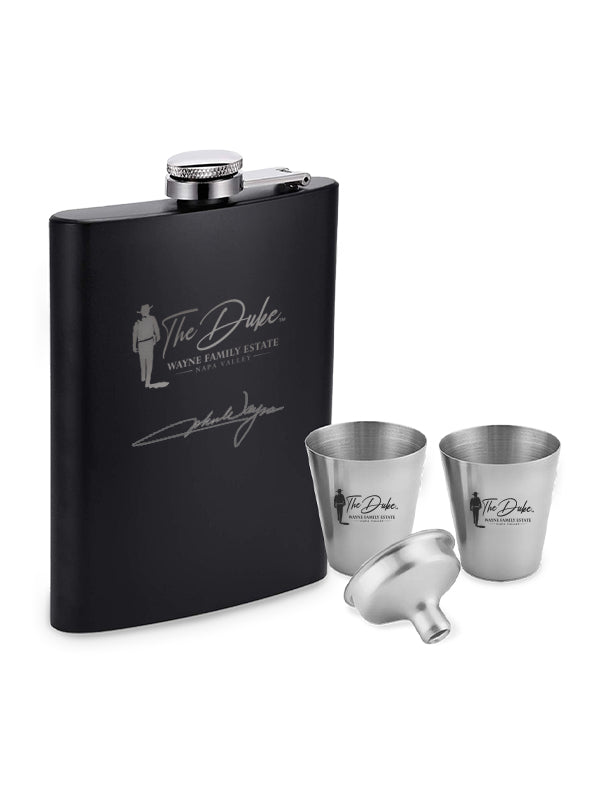 John Wayne Black Flask with Shot Glasses