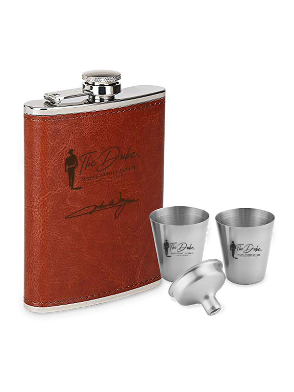 John Wayne Brown Leather Flask with Shot Glasses