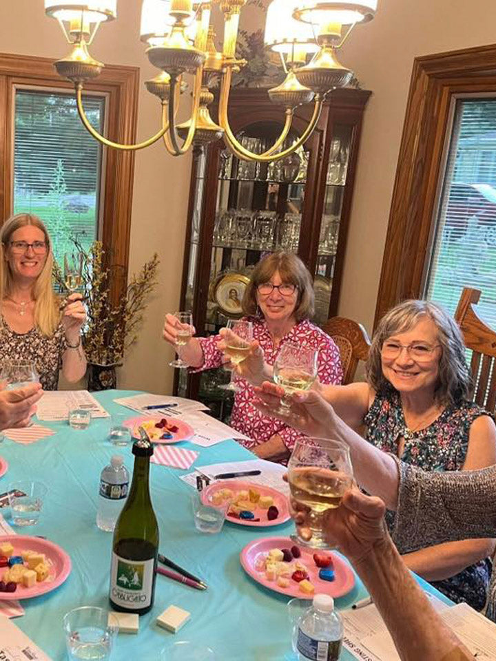 Group of women toasting with wine glasses at a dining table.