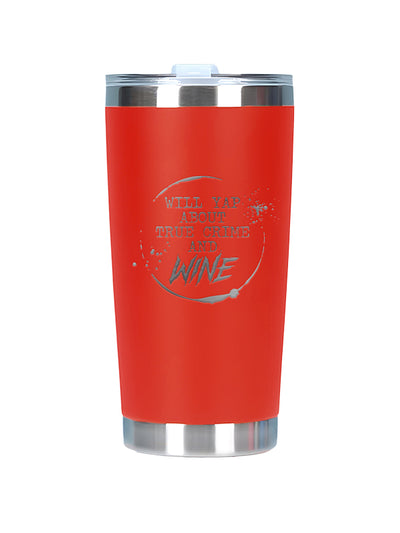 A red insulated travel tumbler with a clear lid and silver metal rim and base, featuring a silver graphic that reads 'WE'LL TALK ABOUT TRUE CRIME AND WINE'.