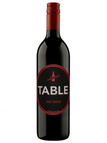Table – red wine with california over a red wine bottle silhouette and TABLE written in white on a black and red round label