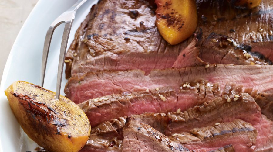 Spicy Teriyaki-Marinated Flank Steak with Grilled Peaches