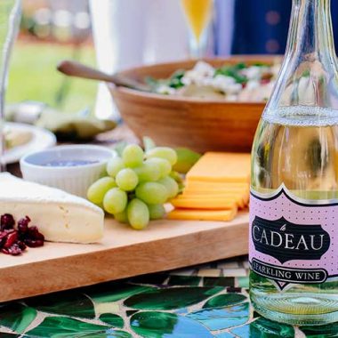 Sparkling wine on table with cheese, fruit, salad and other snacks outdoors