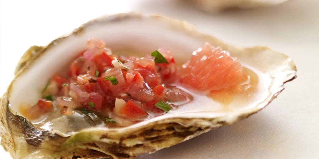 Grilled Oysters with Grapefruit and Red Pepper Relish