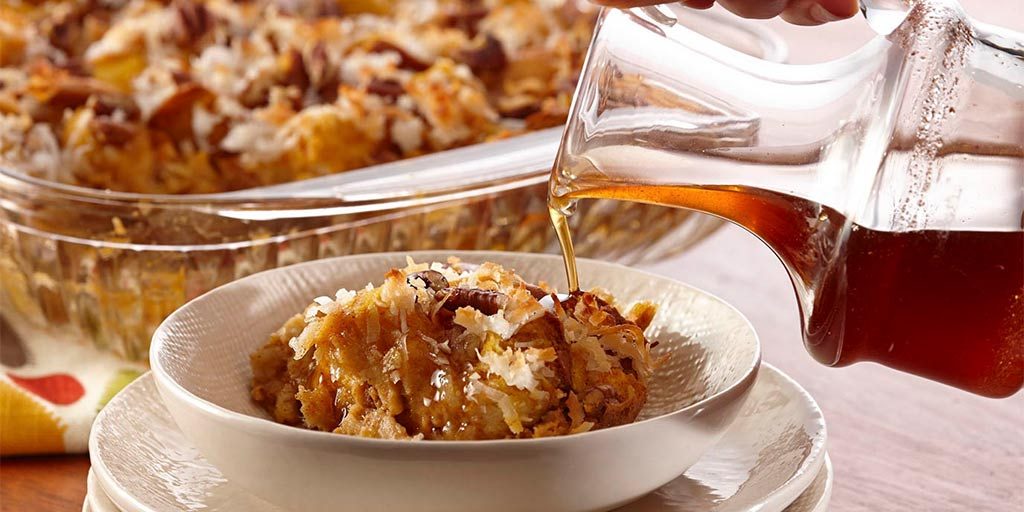 Coconut Pumpkin Bread Pudding with Spiced Maple Syrup