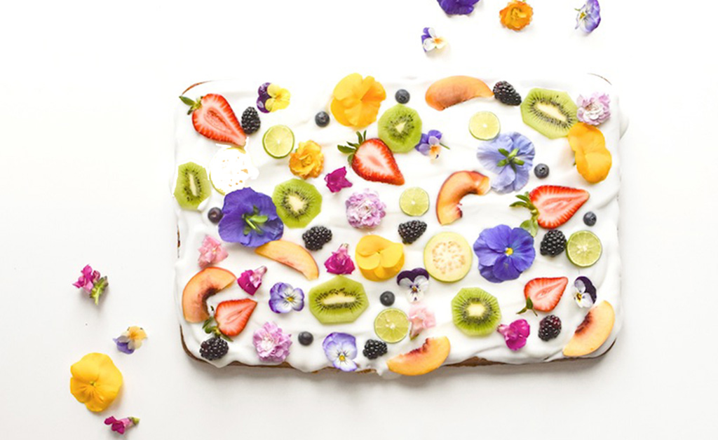 Yogurt Sheet Cake with Edible Flowers