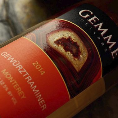 A close angled pic of a bottle of Gemme Cellars 2014 Gewurztraminer