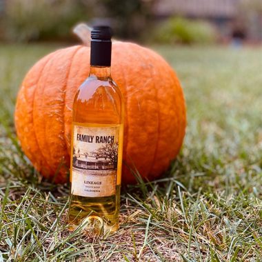 A bottle of Family Ranch Lineage in front of a mini pumpkin on grass